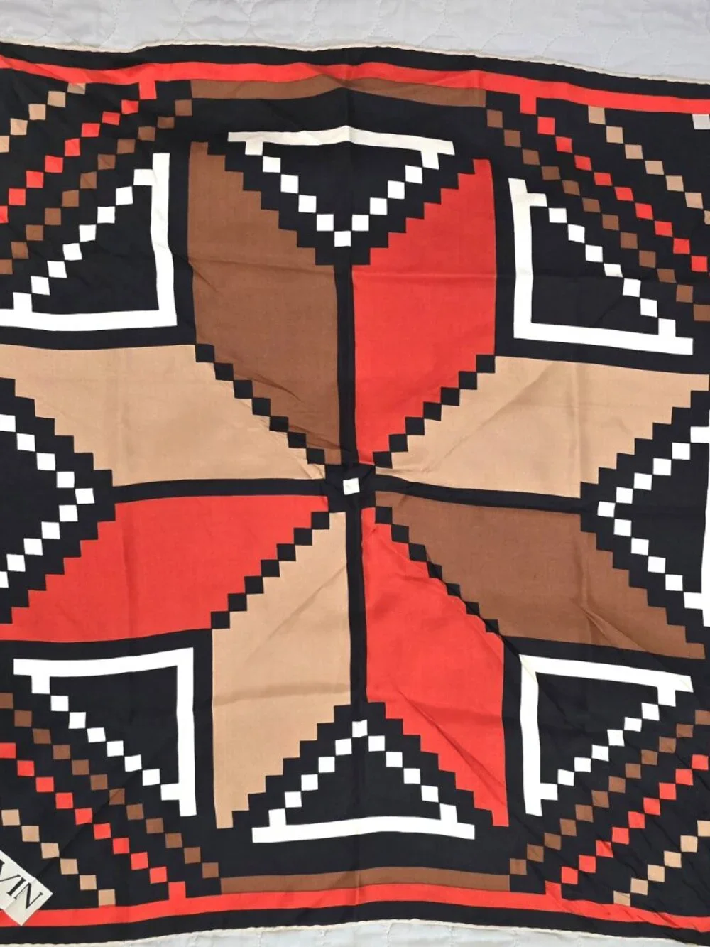 Vtg Lanvin 100% Silk Scarf Rust/Orange Navy Tan Ecru French Geometric 26